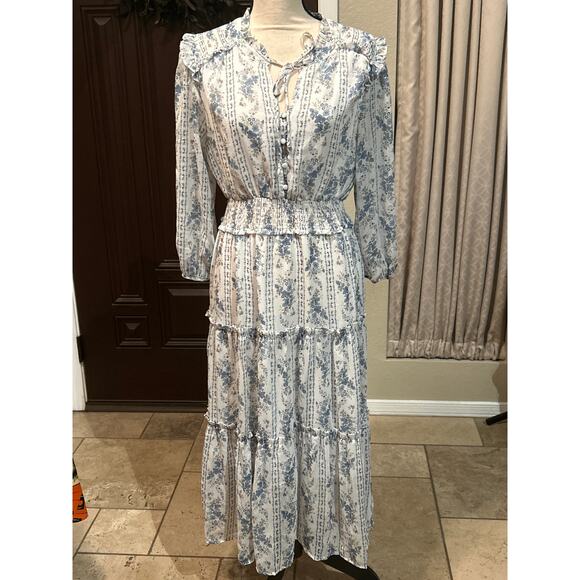 White and Blue Whimsical Floral Prairie Maxi Dress - Picture 1 of 9